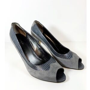 Bijou Victoria gray suede & leather peep toe retro heels sz 10 M